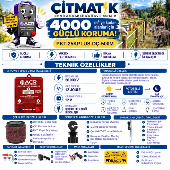 XPower 25KP | 4000 m² ye kadar elektrikli çit paketi | Demir İzolatörlü | Çelik Çit İpli