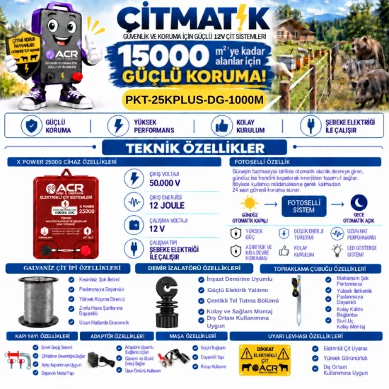 XPower 25KP | 15000 m² ye kadar elektrikli çit paketi | Demir İzolatörlü | Galvaniz Çit İpli