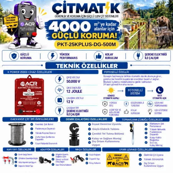 XPower 25KP | 4000 m² ye kadar elektrikli çit paketi | Demir İzolatörlü | Galvaniz Çit İpli