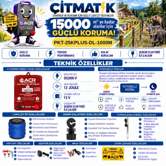 XPower 25KP | 15000 m² ye kadar elektrikli çit paketi | Demir İzolatörlü | Lüks Çit İpli