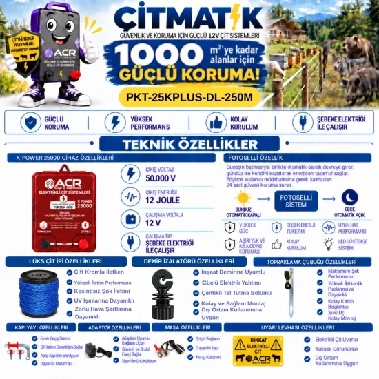 XPower 25KP | 1000 m² ye kadar elektrikli çit paketi | Demir İzolatörlü | Lüks Çit İpli