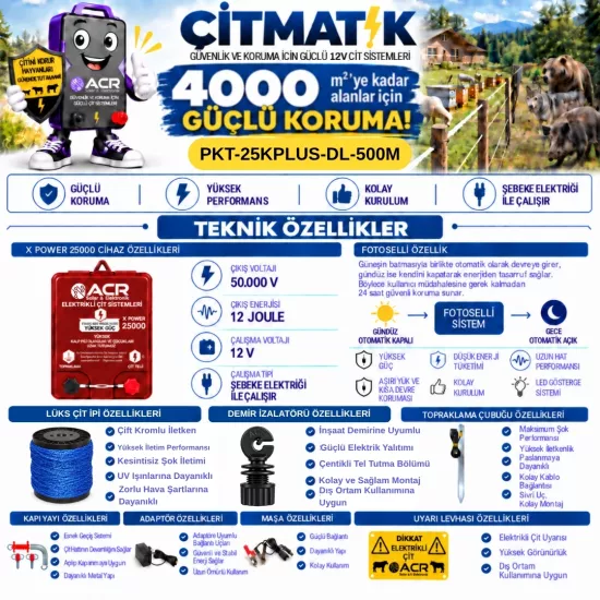 XPower 25KP | 4000 m² ye kadar elektrikli çit paketi | Demir İzolatörlü | Lüks Çit İpli