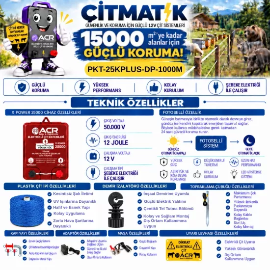 XPower 25KP | 15000 m² ye kadar elektrikli çit paketi | Demir İzolatörlü | Plastik Çit İpli