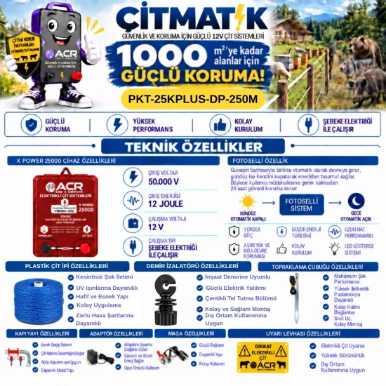 XPower 25KP | 1000 m² ye kadar elektrikli çit paketi | Demir İzolatörlü | Plastik Çit İpli