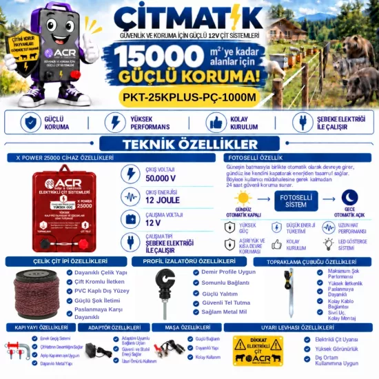 XPower 25KP | 15000 m² ye kadar elektrikli çit paketi | Profil İzolatörlü | Çelik Çit İpli