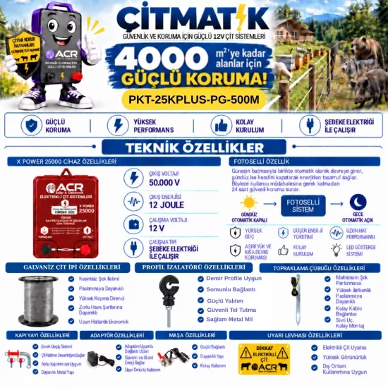 XPower 25KP | 4000 m² ye kadar elektrikli çit paketi | Profil İzolatörlü | Galvaniz Telli