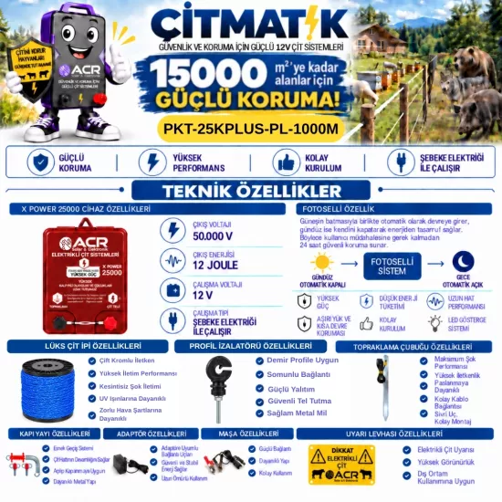XPower 25KP | 15000 m² ye kadar elektrikli çit paketi | Profil İzolatörlü | Lüks Çit İpli
