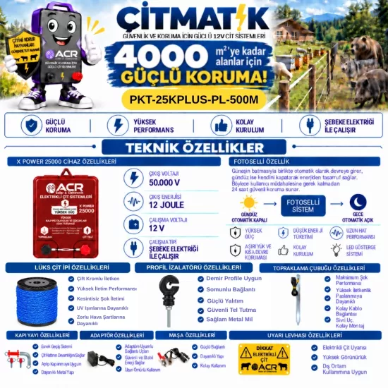 XPower 25KP | 4000 m² ye kadar elektrikli çit paketi | Profil İzolatörlü | Lüks Çit İpli