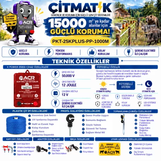 XPower 25KP | 15000 m² ye kadar elektrikli çit paketi | Profil İzolatörlü | Plastik Telli