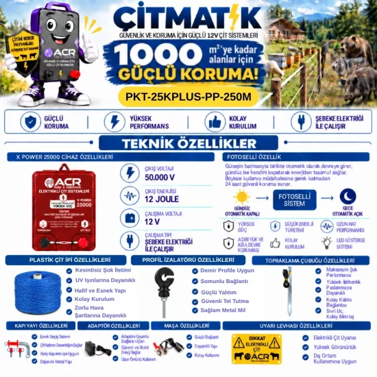 XPower 25KP | 1000 m² ye kadar elektrikli çit paketi | Profil İzolatörlü | Plastik Telli