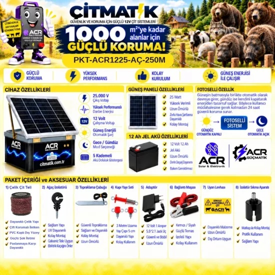 ACR1225 KOMPAKT | 1000 m² ye kadar elektrikli çit paketi | Ağaç İzolatörlü | Lüks Çit İpli