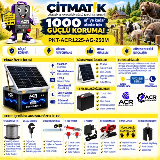 ACR1225 KOMPAKT | 1000 m² ye kadar elektrikli çit paketi | Ağaç İzolatörlü | Galvaniz Çit İpli