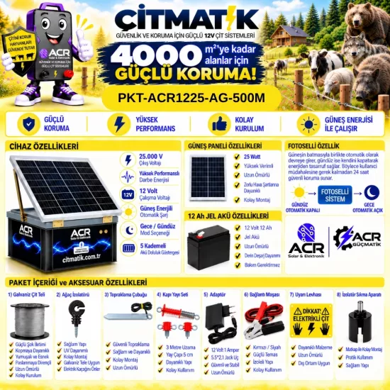 ACR1225 KOMPAKT | 4000 m² ye kadar elektrikli çit paketi | Ağaç İzolatörlü | Galvaniz Çit İpli