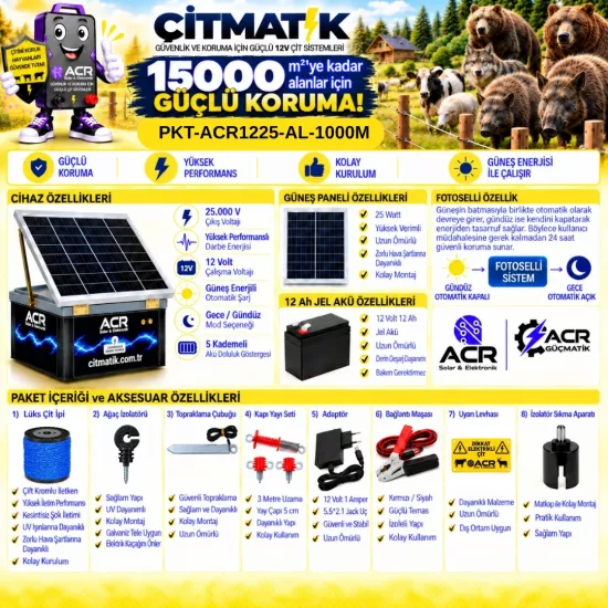 ACR1225 KOMPAKT | 15000 m² ye kadar elektrikli çit paketi | Ağaç İzolatörlü | Lüks Çit İpli