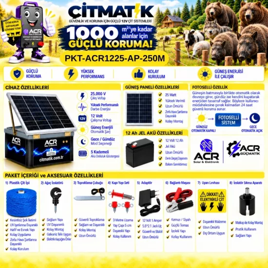 ACR1225 KOMPAKT | 1000 m² ye kadar elektrikli çit paketi | Ağaç İzolatörlü | Plastik Çit İpli