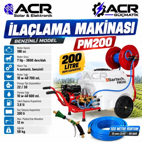 ACR Güçmatik Bartech PM200 Benzinli İlaçlama Makinesi – 200 Litre – 7 HP – 22’lik Pompa – 100 Metre Hortum – Tetikli Tabanca