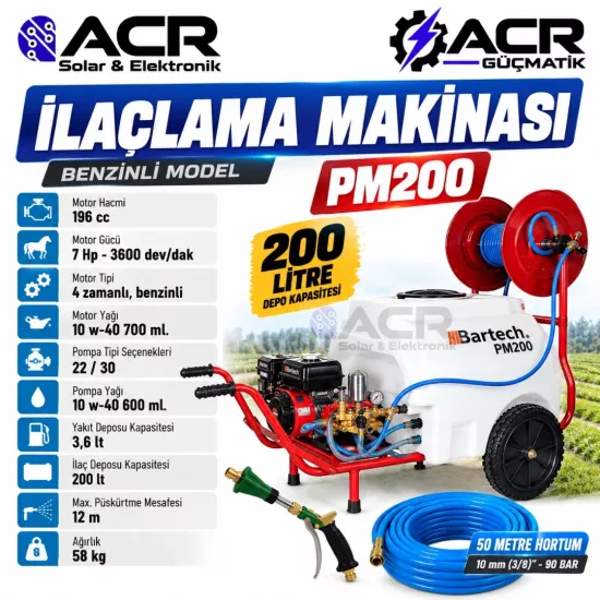 ACR Güçmatik Bartech İlaçlama Makinesi Tetikli Tabancalı PM200-Benzinli-200 Litre-7 HP-22’lik Pompalı-50 Metre Hortumlu