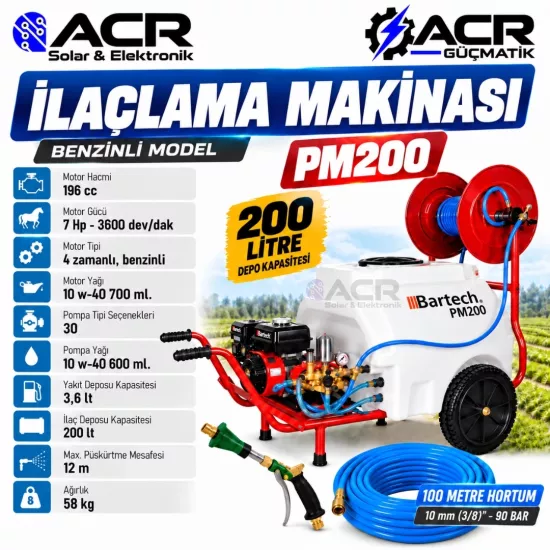 ACR Güçmatik Bartech İlaçlama Makinesi Tetikli Tabancalı PM200 – Benzinli – 200 Litre – 7 HP – 30’luk Pompa – 100 Metre Hortumlu