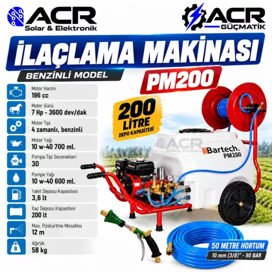 ACR Güçmatik Bartech İlaçlama Makinesi Tetikli Tabancalı PM200 – Benzinli – 200 Litre – 7 HP – 30’luk Pompa – 50 Metre Hortumlu